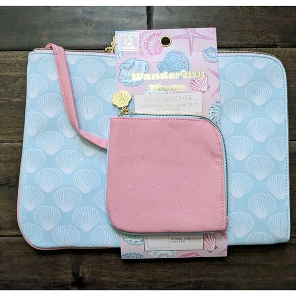 Wandering Moon TECH POUCHES NEW Tablets up to 12" Sea Shells Clams Pink Blue - Picture 1 of 7